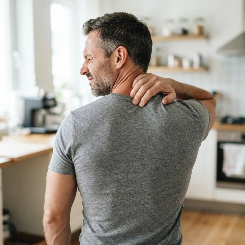 A man pressing into the tight spot between his neck and shoulder